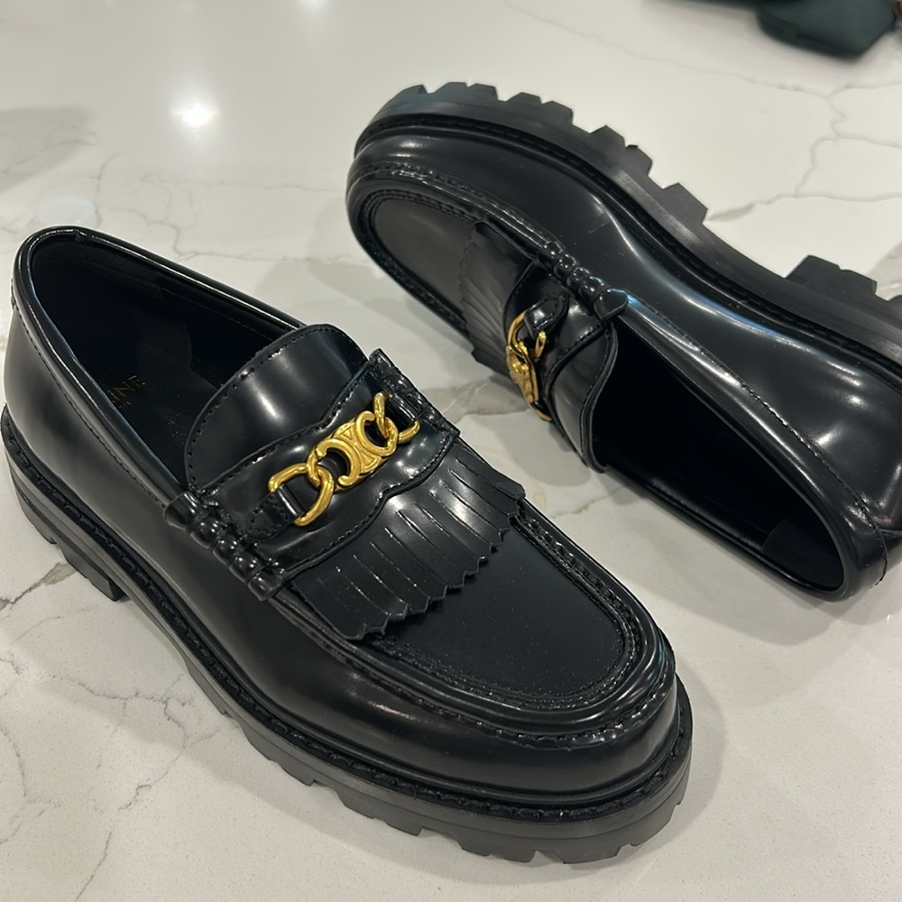 Celine Black Leather Loafers with Gold Buckle - Picture 7 of 7
